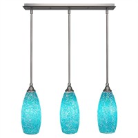 3 Light Linear Pendalier With Hang Straight Swivels Shown In Brushed Nickel Finish With 5.5 Turquoise Fusion Glass