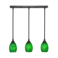 3 Light Linear Pendalier With Hang Straight Swivels Shown In Dark Granite Finish With 5 Green Fusion Glass