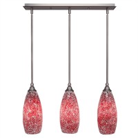 3 Light Linear Pendalier With Hang Straight Swivels Shown In Brushed Nickel Finish With 5.5 Red Fusion Glass