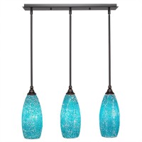 3 Light Linear Pendalier With Hang Straight Swivels Shown In Dark Granite Finish With 5.5 Turquoise Fusion Glass