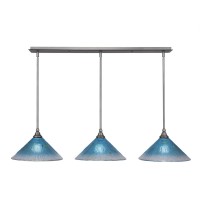 3 Light Linear Pendalier With Hang Straight Swivels Shown In Brushed Nickel Finish With 12 Teal Crystal Glass