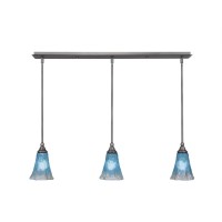 3 Light Linear Pendalier With Hang Straight Swivels Shown In Brushed Nickel Finish With 5.5 Teal Crystal Glass