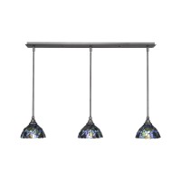 3 Light Linear Pendalier With Hang Straight Swivels Shown In Brushed Nickel Finish With 7 Blue Mosaic Art Glass