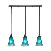 3 Light Linear Pendalier With Hang Straight Swivels Shown In Dark Granite Finish With 5.5 Fluted Teal Crystal Glass