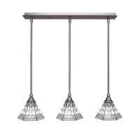 3 Light Linear Pendalier With Hang Straight Swivels Shown In Brushed Nickel Finish With 7 Pewter Art Glass