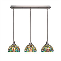 3 Light Linear Pendalier With Hang Straight Swivels Shown In Brushed Nickel Finish With 7 Kaleidoscope Art Glass