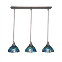 3 Light Linear Pendalier With Hang Straight Swivels Shown In Brushed Nickel Finish With 7 Blue Mosaic Art Glass