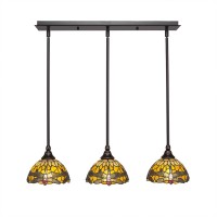 3 Light Linear Pendalier With Hang Straight Swivels Shown In Dark Granite Finish With 7 Amber Dragonfly Art Glass