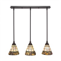 3 Light Linear Pendalier With Hang Straight Swivels Shown In Dark Granite Finish With 7 Cobblestone Art Glass