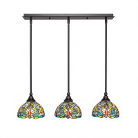 3 Light Linear Pendalier With Hang Straight Swivels Shown In Dark Granite Finish With 7 Kaleidoscope Art Glass