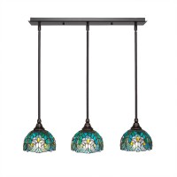 3 Light Linear Pendalier With Hang Straight Swivels Shown In Dark Granite Finish With 7 Turquoise Cypress Art Glass