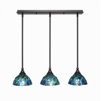 3 Light Linear Pendalier With Hang Straight Swivels Shown In Dark Granite Finish With 7 Blue Mosaic Art Glass