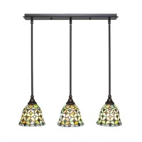 3 Light Linear Pendalier With Hang Straight Swivels Shown In Dark Granite Finish With 7 Crescent Art Glass