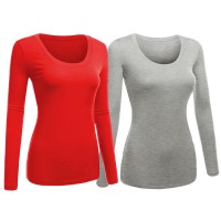 Emmalise Womens Junior And Plus Size Basic Scoop Neck Tshirt Long Sleeve Tee, 2Xl, 2Pk Red, Hgray