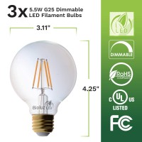 Bioluz Led 92 Cri G25 Globe Light Bulbs Clear Glass Filament 60W Replacement (Uses Only 5.5W) Vanity Light Bulbs For Bathroom Warm White 2700K Dimmable Ul Listed Title 20 3-Pack