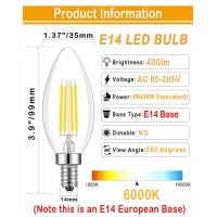 Lamsky (4-Pack) E14 European Base Led Filament C35 Bullet Top Vintage Edison Bulb,4W Daylight 6000K, No-Dimmable