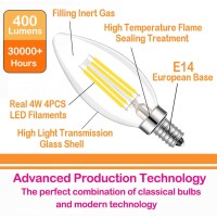 Lamsky (4-Pack) E14 European Base Led Filament C35 Bullet Top Vintage Edison Bulb,4W Daylight 6000K, No-Dimmable