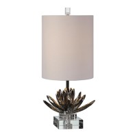 Simple Elegance Is Achieved By This Antiqued44 Metallic Silver44 Lotus Bloom That Appears To Be Floating On A clear crystal Foot46 The Round Hardback Drum Shade Is A White Linen Fabric With Natural Slubbing46 FeaturesSilver Lotus Accent LampWide range of 