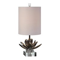 Simple Elegance Is Achieved By This Antiqued44 Metallic Silver44 Lotus Bloom That Appears To Be Floating On A clear crystal Foot46 The Round Hardback Drum Shade Is A White Linen Fabric With Natural Slubbing46 FeaturesSilver Lotus Accent LampWide range of 