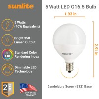 Sunlite Led G16.5 Frosted Globe Light Bulb, 5 Watts (40W Equivalent), 350 Lumens, Dimmable, Candelabra E12 Base, Short Bulbs, Vanity Bulbs, Energy Star Listed, 2700K Soft White, 6 Count