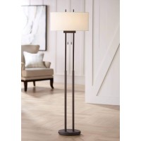 Franklin Iron Works Roscoe Modern Standing Floor Lamp 62 Tall Oil Rubbed Bronze Brown Twin Poles White Fabric Hardback Oval Sh