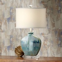 Possini Euro Design Mia 25 High Mid Century Modern Coastal Table Lamp Blue Drip Ceramic Single Offwhite Shade Living Room Bedr