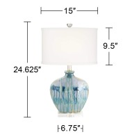 Possini Euro Design Mia 25 High Mid Century Modern Coastal Table Lamp Blue Drip Ceramic Single Offwhite Shade Living Room Bedr