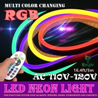 Led Neon Light, Iekov� Ac 110-120V Flexible Rgb Led Neon Light Strip, 60 Leds/M, Waterproof, Multi Color Changing 5050 Smd Led Rope Light + Remote Controller For Home Decoration (16.4Ft/5M)