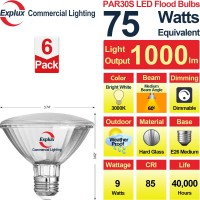 Explux Commercial-Grade Led Par30 Short Neck Flood Light Bulbs, 75W Equivalent, 40000 Hours, Dimmable, Full-Glass Waterproof & Anti-Ageing, Bright White 3000K, 6-Pack