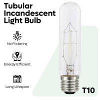 T10 Tubular Incandescent Light Bulbs 60 Watt - Vintage Style Lightbulb Antique Long Light Bulbs Natural Light Display, 120 Volts, 390Lm, 2700K, E26 Standard Screw Base, White Clear - 6 Pack