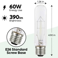 T10 Tubular Incandescent Light Bulbs 60 Watt - Vintage Style Lightbulb Antique Long Light Bulbs Natural Light Display, 120 Volts, 390Lm, 2700K, E26 Standard Screw Base, White Clear - 6 Pack