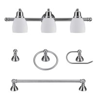 Globe Electric 51229 Jayden 5-Piece All-In-One Bathroom Set, Satin Nickel, 3-Light Vanity Light With White Opal Glass Shades, Towel Bar, Toilet Paper Holder, Towel Ring, Robe Hook