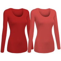 Emmalise Womens Junior And Plus Size Basic Scoop Neck Tshirt Long Sleeve Tee, Large, 2Pk Red, Coral