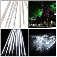 Juled Meteor Shower Rain Lights,Drop/Icicle Snow Falling Raindrop 30Cm 8 Tubes Waterproof Cascading Lights For Wedding Xmas Home Decor (White)