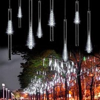 Juled Meteor Shower Rain Lights,Drop/Icicle Snow Falling Raindrop 30Cm 8 Tubes Waterproof Cascading Lights For Wedding Xmas Home Decor (White)