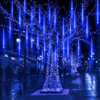 Blue Meteor Shower Lights Outdoor Christmas Decorations 540 Led Meteor Lights Waterproof 50Cm 10 Tubes Cascading Falling Rain Lights For Tree Yard Party Patio Holiday Wedding Christmas Decoration