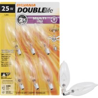 Sylvania Incandescent Double Life Light Bulb, B10, 25W, Candelabra Base, 175 Lumens, 2850K, Clear, Soft White - 6 Count (Pack Of 1) (18748)