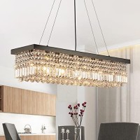 7Pm Rectangle K9 Crystal Chandelier Modern Rectangular Pendant Lighting Fixture For Dining Room Kitchen Island Bedroom Black L31.5 X W10 X H10