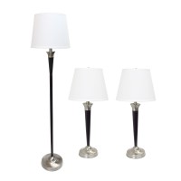 Elegant Designs Lc1018Mbc Malbec Black And Brushed Nickel 3 Pack Lamp Set 2 Table Lamps 1 Floor Lamp With White Fabric Shade