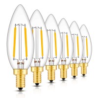 Crlight 2W 250Lm Led Candelabra Bulb 2700K Warm White, 25W Incandescent Equivalent E12 Dimmable Led Candle Bulbs, B10 Clear Glass Torpedo Shape Bullet Top, 6 Pack