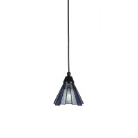 Cord Mini Pendant Shown In Matte Black Finish With 7 Sea Ice Art Glass