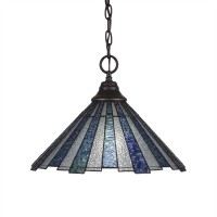 Chain Hung Pendant Shown In Dark Granite Finish With 16 Sea Ice Art Glass