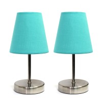 Simple Designs Lt2013Blu2Pk Mini Basic Two Pack Sand Nickel Table Lamp With Fabric Shade Set Blue 2 Count