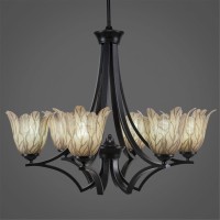 Zilo 6 Light Chandelier Shown In Matte Black Finish With 7 Vanilla Leaf Glass