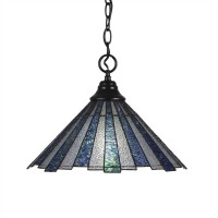 Chain Hung Pendant Shown In Matte Black Finish With 16 Sea Ice Art Glass