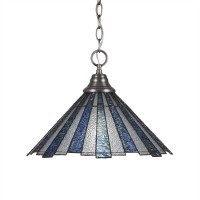 Chain Hung Pendant Shown In Brushed Nickel Finish With 16 Sea Ice Art Glass