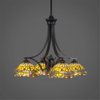 Zilo 4 Light Chandelier Shown In Matte Black Finish With 7 Amber Dragonfly Art Glass