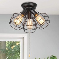 Laluz Farmhouse Semi Flush Mount Ceiling Light Fixture, 3-Light Oil Black Pull String Industrial Cage Ceiling Light Fixture For Bedroom, Hallway, Kitchen, Dining & Living Room, Foyer And Bathroom