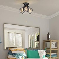 Laluz Farmhouse Semi Flush Mount Ceiling Light Fixture, 3-Light Oil Black Pull String Industrial Cage Ceiling Light Fixture For Bedroom, Hallway, Kitchen, Dining & Living Room, Foyer And Bathroom