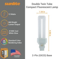 Sunlite 40541 Pld13/Sp41K/10Pk Double Twin Tube Compact Fluorescent Lamp, Pld 2-Pin, 13 Watts, 660 Lumens, 4100K Cool White, 2-Pin (Gx23-2) Base, 10 Pack